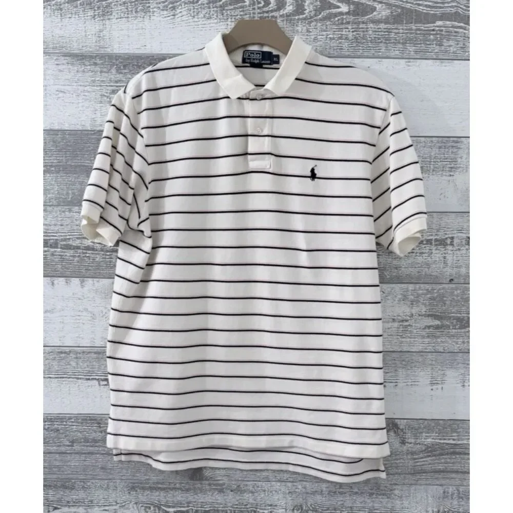 Polo Ralph Lauren Polo Shirt Men's XL Striped Cream 100% Cotton Short Sleeve